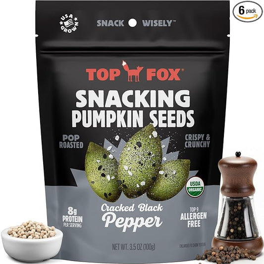 Top Fox Snacks - Organic Pop-Roasted Pumpkin Seeds | Healthy Protein Snacks - Gluten Free - Keto and Vegan Friendly (Cracked Black Pepper, 3.5 oz - 2 Pack)