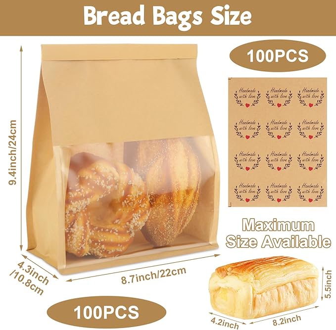 QTLCOHD 100 Pcs Bakery Bags with Window - 8.2 x 3.9 x 9.4 Inch Tin Tie Tab Lock Sourdough Paper Bread Bags for Homemade Bread, Cookie, Pastry, Treat Packaging, Brown