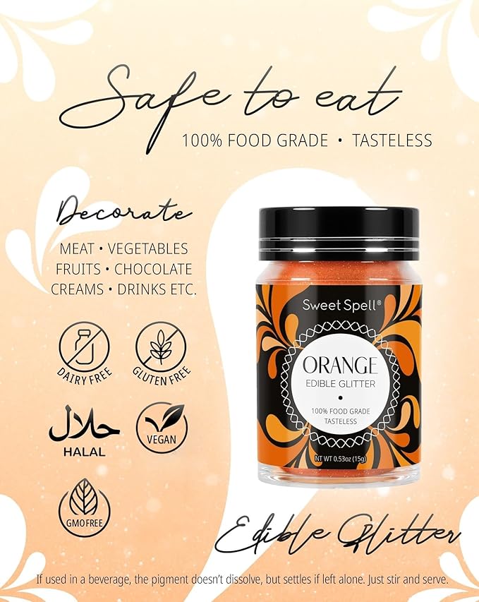 Sweet Spell Edible Glitter (15g) - Shimmer Sparkles for Drinks, Cakes, Cocktails - 100% Edible & Food Grade Glitter, Vegan, Gluten-Free (Orange)