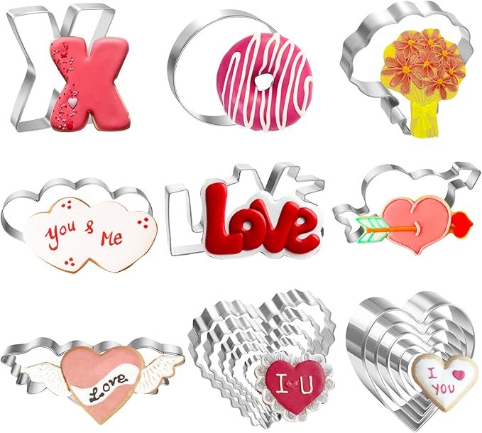 17Pcs Valentine's Day Cookie Cutters, Food-Grade Stainless Steel Valentines Biscuit Cutters with Heart, Wing Heart, LOVE, Flower, Easy to Demold & Cut for Cookies Cake Fruit