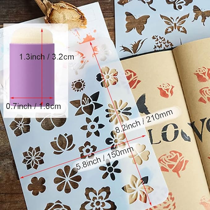 Stencils for Painting Set 5 Pcs Painting Stencils Leaves Flowers Butterflies Snowflakes Stars Stencils for Crafts 5 Pcs Finger Painting Sponge for Art DIY Craft Card Gift Tags and Scrapbooking