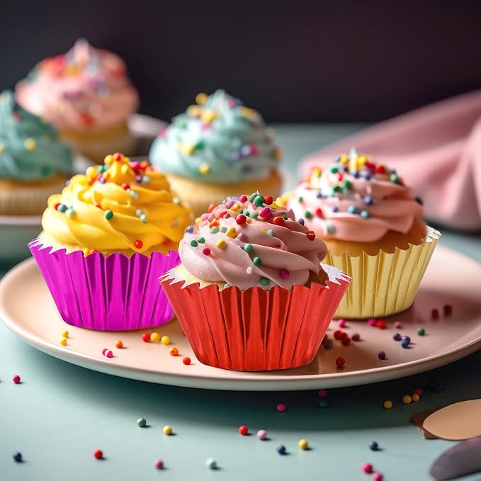 AUGSUN 400pcs Mini Foil Cupcake Liners Colorful Cupcake Baking Cups Metallic Mini Muffin Cupcake Wrappers for Christmas Holiday Party Cake Candy Chocolate Decorations Supplies