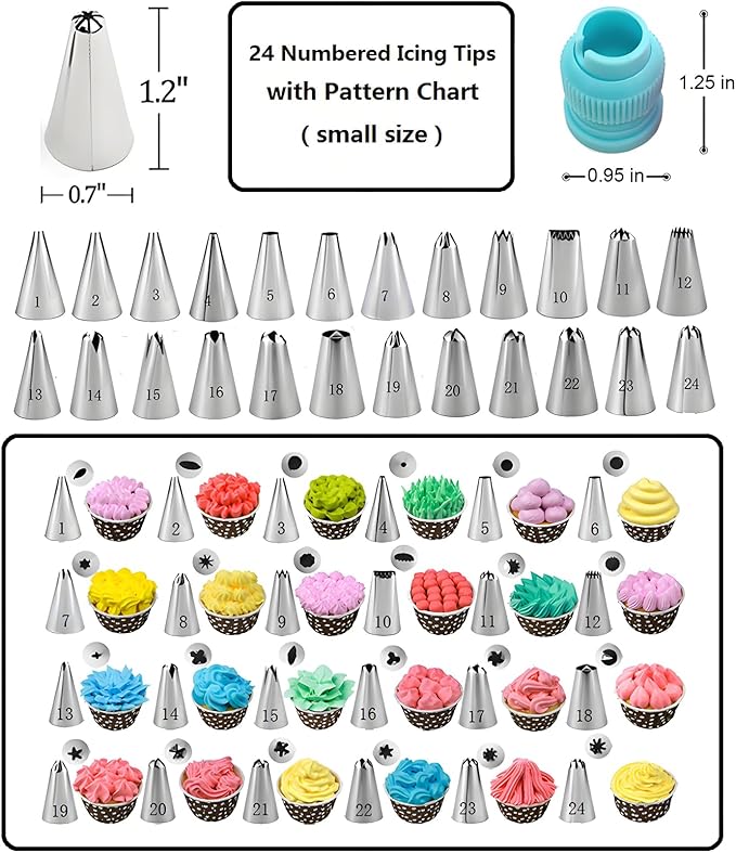 248 Pcs Cake Decorating Kit with Cake Turntable,Cake Leveler,24 Numbered Icing Piping Tips,2 Spatulas,3 Comb Scrapers,5 Bag Ties,8 Carved Pens,100 Pastry Bags,50 Cupcake Liners,50 Cake Flags