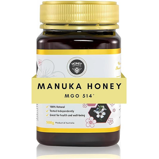 Honey Australia Manuka Honey MGO 514+ | 17.6 oz | Raw, Organic, Pure Certified Australian Honey for Immunity Support & Vitality | Natural Sweetener & Health Boost | Medical Grade, Nutrient-Rich Honey