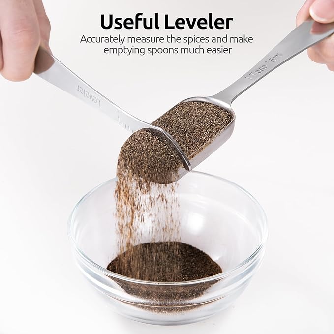 U-Taste Narrow Square Measuring Spoons: 18/8 Stainless Steel Kitchen Measure Teaspoon Tablespoon with Leveler, Polygon Rectangular Metal Jar Scoop for Baking Cooking, Coffee, Spice, Powder (Set of 7)