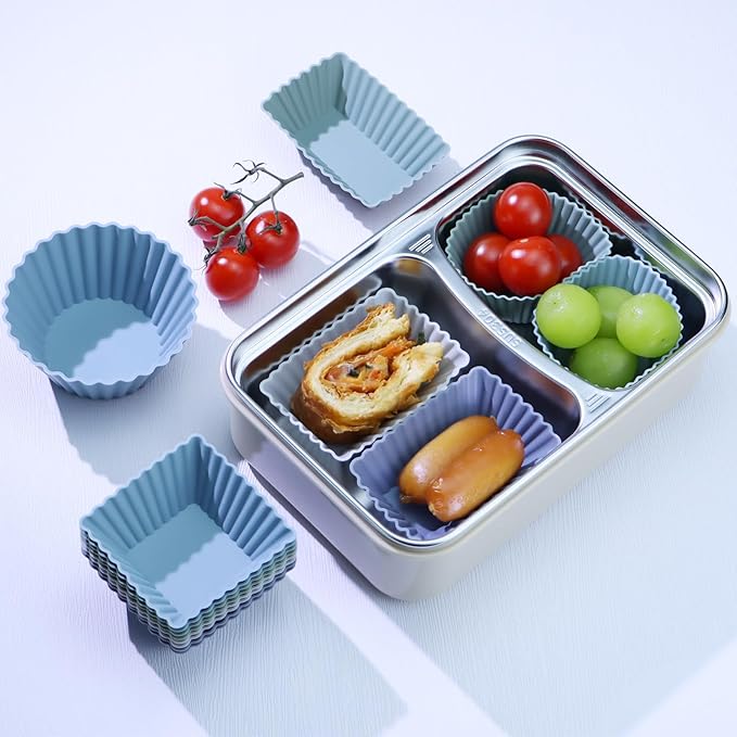 24Pack Silicone Muffin Cups, Reusable Cupcake Liners Molds for Baking, 3 Shapes Lunch Box Bento Dividers-Round, Square, and Rectangular (Grey Series, Regular Size)