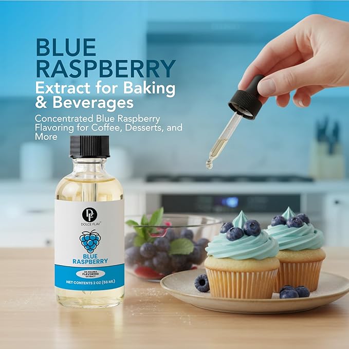 Dolce Flav Blue Raspberry Extract – 2 Ounce Oil-Soluble Kosher, Sugar-Free, Concentrated Blue Raspberry Flavoring for Baking, Chocolates & Desserts, Includes Measured Dropper