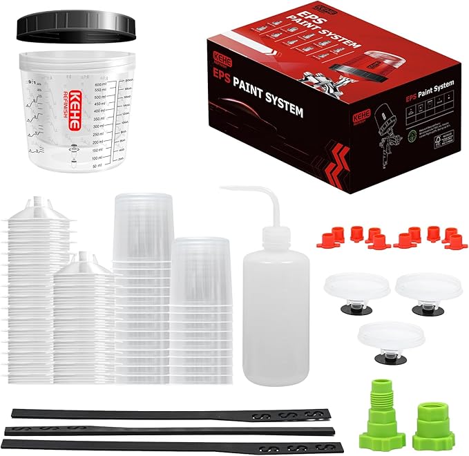 Disposable Paint Cups for Spray Gun,Mixing Cups 20 Ounce (600ml) Kit with 25 Cups and Lids with Strainer System for HVLP&LVLP,1 Hard Cup with Retainer Ring,10 Plugs,2 Adapters,3 Mixing Sticks
