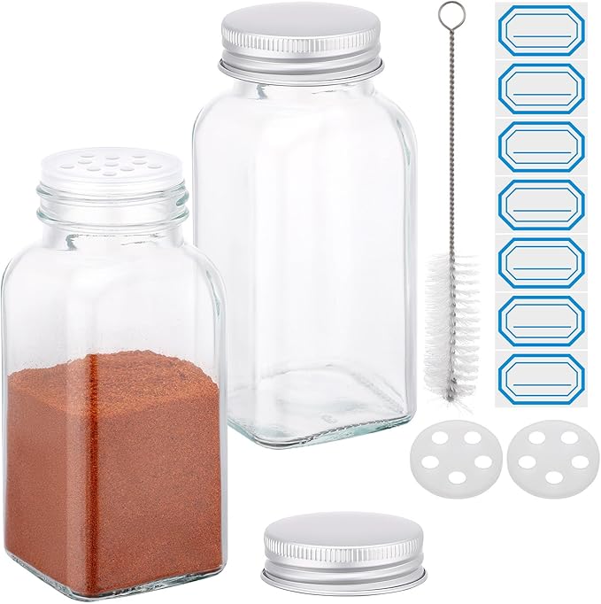 Segarty 6oz Spice Jar with Silver Aluminum Lid, 2 PCS 180ml Square Seasoning Jars with Labels, Empty Glass Storage Bottle for Salt Pepper Sugar Cereal, Large Seasoning Shakers with 7 Stickers, 1 Brush