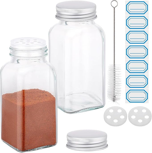 Segarty 6oz Spice Jar with Silver Aluminum Lid, 2 PCS 180ml Square Seasoning Jars with Labels, Empty Glass Storage Bottle for Salt Pepper Sugar Cereal, Large Seasoning Shakers with 7 Stickers, 1 Brush