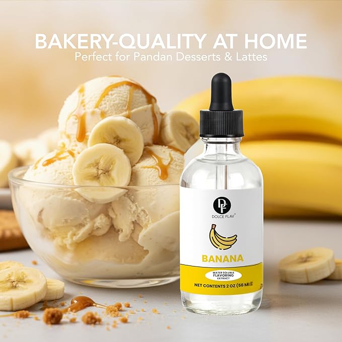 Dolce Flav Natural Banana Extract – 2 oz Water-Soluble Pure Banana Flavoring Drops for Baking, Smoothies & Desserts | Sugar Free, Allergen Free, Kosher | Made in USA