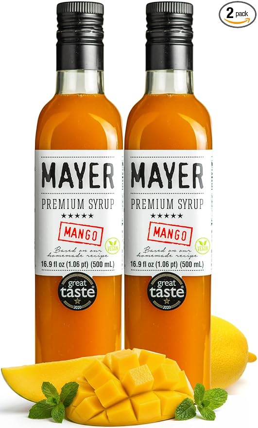 Mayer Mango Syrup for Drinks & Cocktails – Handcrafted in Hungary, Natural Mango Flavoring Syrup – Over 50% Real Fruits for Martini, Mocktail, Smoothie, Lemonade, Pancakes, Ice Cream – Vegan, Gluten-Free – (16.9 Fl Oz each / Pack of 2)