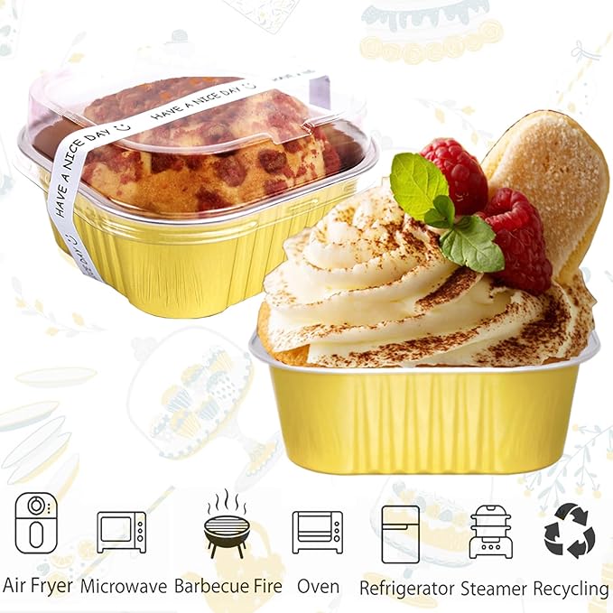 10oz Mini Cake Pans With Lids 50 Pack Aluminum Foil Square Brownie Baking Cups,Disposable Loaf Pans With Lids and Spoons Stickers,Large Cupcake Pans Muffin Tins Cake Container (Gold)