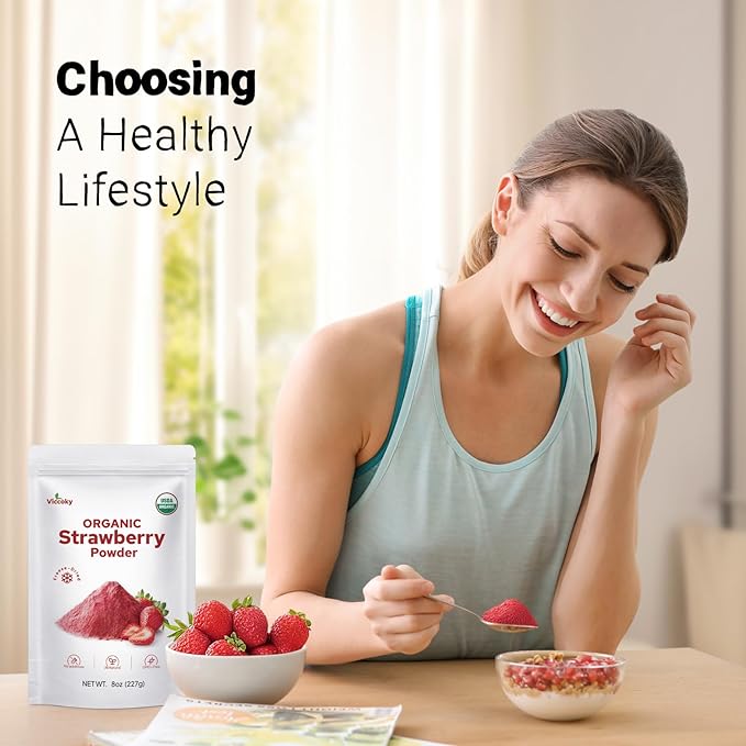 Viccoky Organic Freeze Dried Strawberry Powder 8oz | Natural | No Additives | Non GMO | Strawberry Flavoring for Baking, Drinks, Smoothies and Cooking