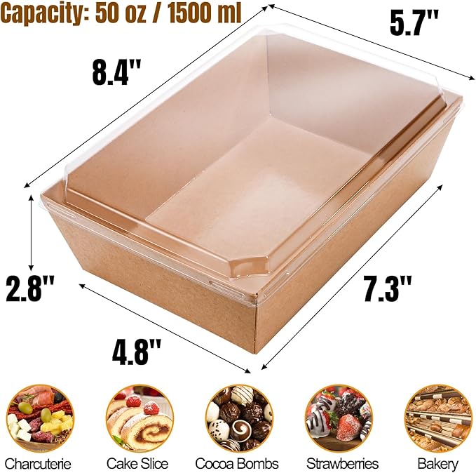 Hiceeden 50 Pack Charcuterie Boxes with Clear Lids, 8.4"×5.7"×2.8" Paper Bakery Dessert Sandwich Box, Disposable Large Food Containers for Cookies, Donuts, Muffins, Salad, and Pastry, Brown