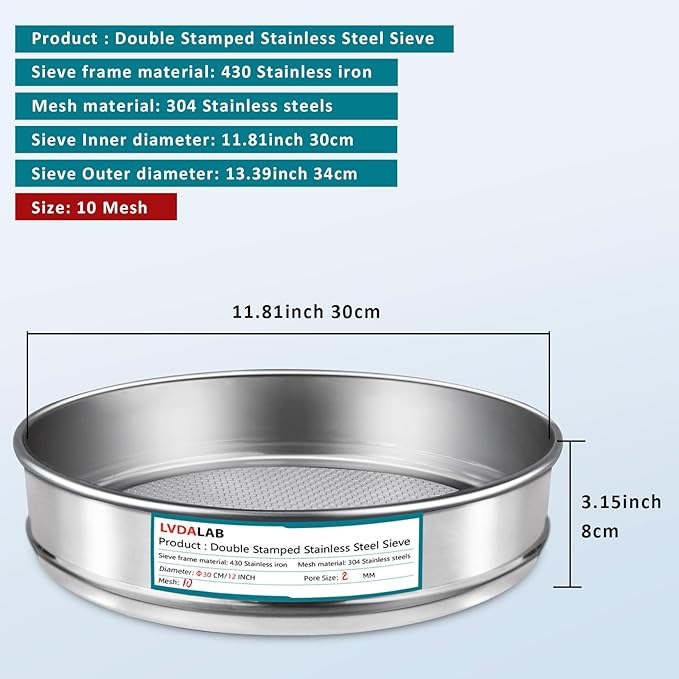 304 Stainless Steel Lab Sieve Screen Mesh, 10 Mesh (2mm) Aperture Test Sieve, 12Inch(30cm) Diameter Economy Standard Analysis Sample Test Sieves for Industrial Laboratory Homes