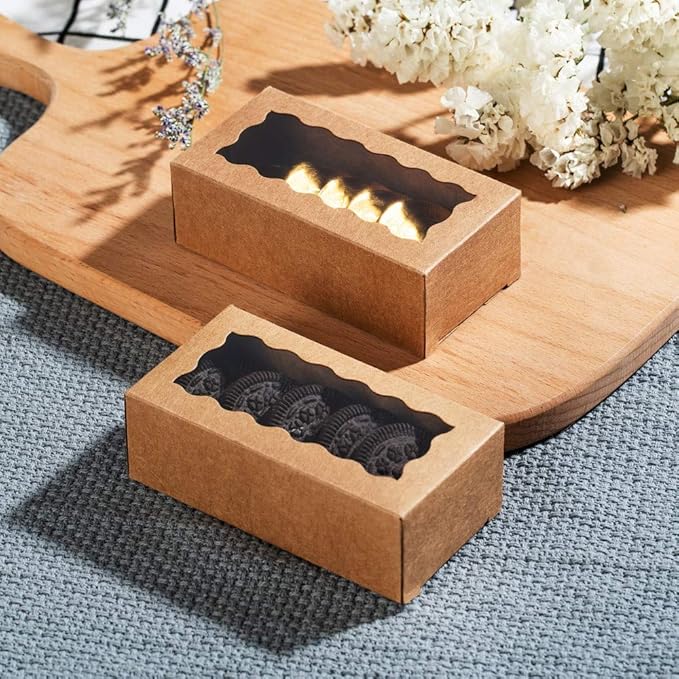JCXGRVC 24PCS 4.17x2.16x1.37 Inches Natural Brown Macaron Boxes with Clear Display Window, Great for Party, Candy Treat Boxes