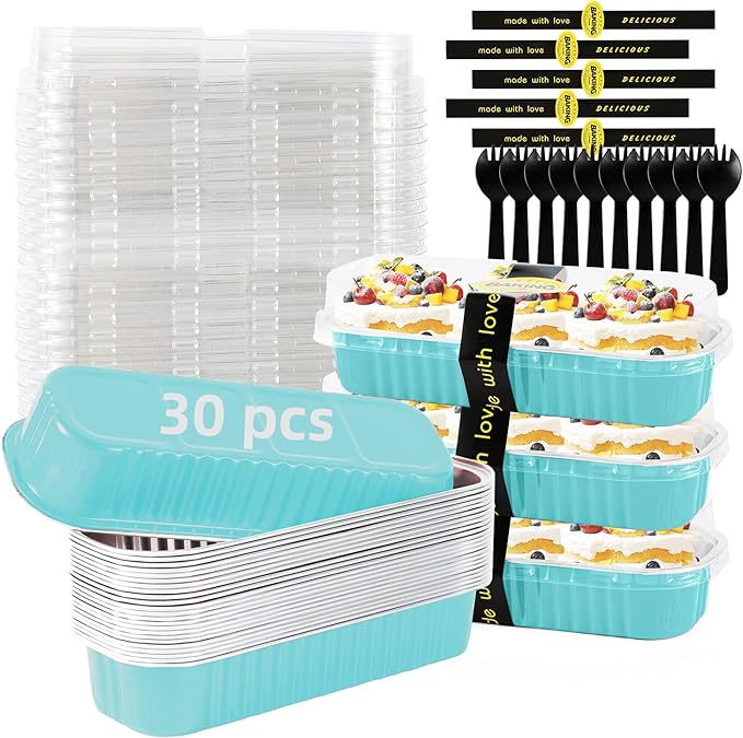 Mini Loaf Pans with Lids and Spoons Sealing Sticker,30 Pcs 6.8oz Cake Pans for Baking Disposable Aluminum Foil Christmas Cake Pan (30 Pcs Blue)