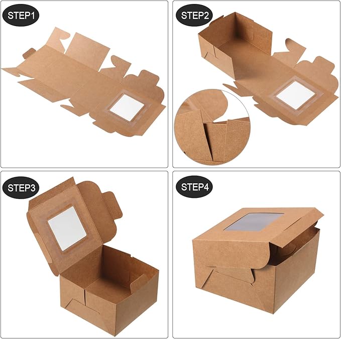 50 Pieces Bakery Box with Window Cookie Boxes Mini Kraft Boxes Gift for Pastries, Candy, Pie, Cupcakes, Soap Packaging for Homemade Soap (4 x 4 x 2.5 Inch, Brown)