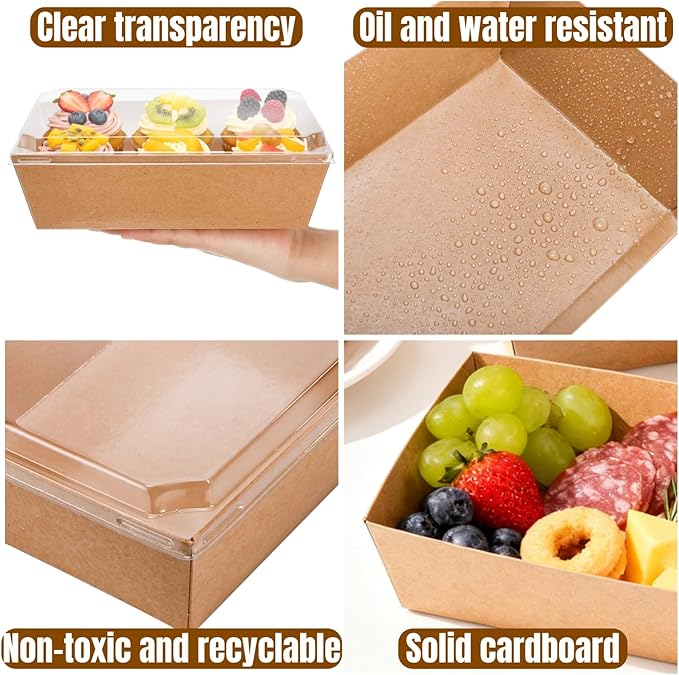 Hiceeden 50 Pack Charcuterie Boxes with Clear Lids, 8.4"×5.7"×2.8" Paper Bakery Dessert Sandwich Box, Disposable Large Food Containers for Cookies, Donuts, Muffins, Salad, and Pastry, Brown