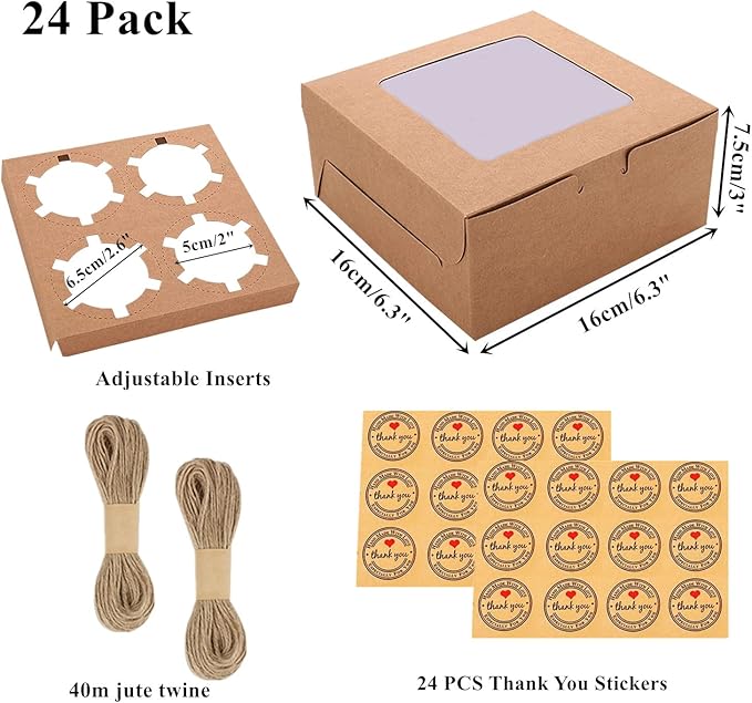 24 Pack 4 Count Bakery Cupcake Boxes, Cookie Boxes with Window 6x6x3 Cake Boxes, Cupcake Carrier Bakery Take Out Containers, Brown Kraft Treat Boxes for Muffins Macaroon Donut Chocolate Bombs