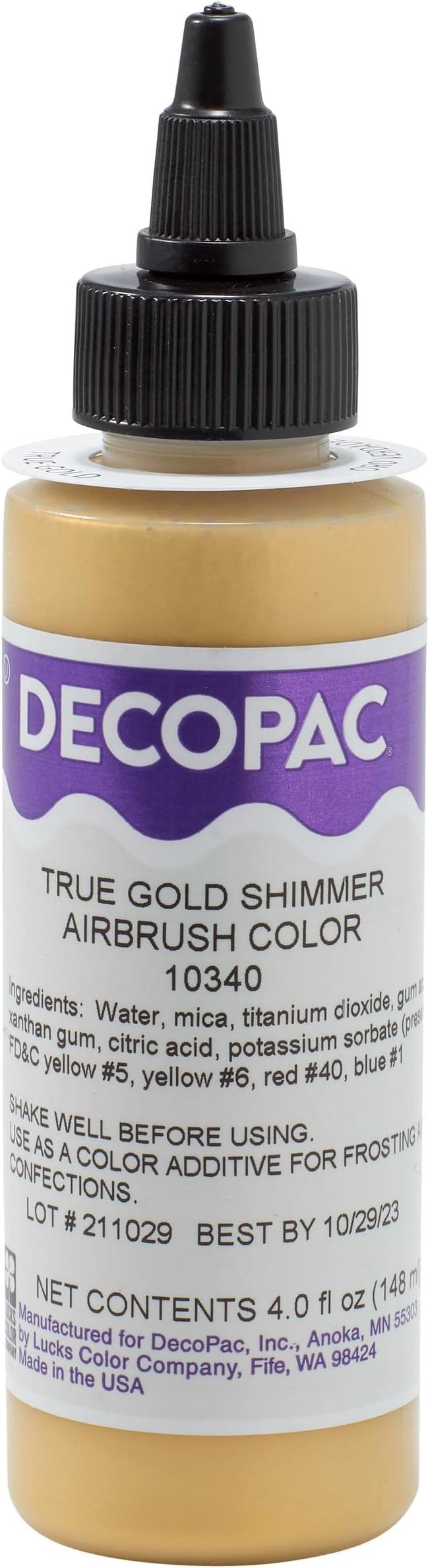 DecoPac Premium Airbrush Color, True Gold Shimmer, Edible Airbrush Paint for Decorating Cakes, Cupcakes, and Cookies, Food Coloring, 4oz