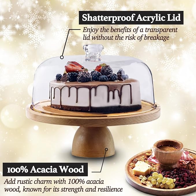Cake Stand with Acrylic Dome Lid 2-in-1 - Multifunctional Round Shatterproof Dessert Table Display Set with Acacia Wood Serving Platter, Veggie Tray, Fruit Bowl - Party Cake Display