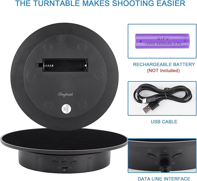 Motorized Rotating Display Stand, 360 Degree Electric Rotating Turntable with Velvet Top, 7.87inch /17.6lbs Load Automatic Mute Lazy Susan for Photography Products Jewelry 3D Model, Black Stand
