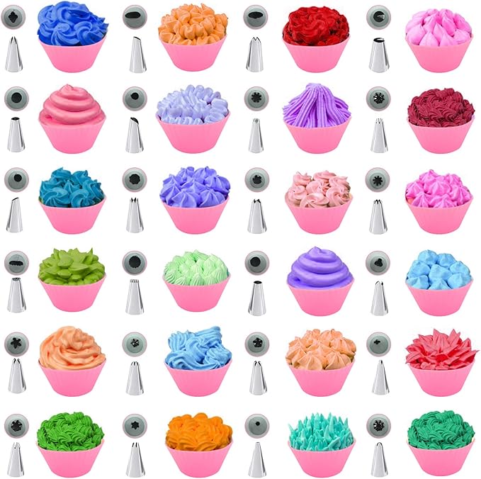 36Pcs Pink Piping Bags & Tips Set,24 Stainless Steel Nozzle Icing Tips With 2 Reusable Silicone Pastry Bag,Icing Smoother,Silicone Baking Cups,2Couplers Cake Decorating Tools Kit For Baking Decorating