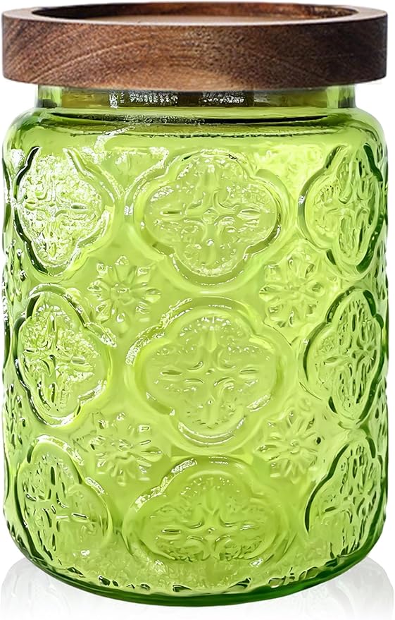 Glass Jar with Airtight Wood Lid – 24 OZ Kitchen Pantry Bathroom Storage Canister, Decorative Vintage Container for Candy, Salt, Coffee, Cookie, Cereal, Nuts, Oats, Flour, Sugar, Tea, Green Begonia