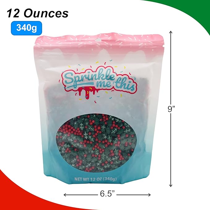 Dextrose Holly Berry Blend Sprinkle Mix - 12 Oz Resealable Stand Up Bag - Christmas Themed Red and Green Sprinkles - Holiday Sprinkles for Desserts and Baked Goods