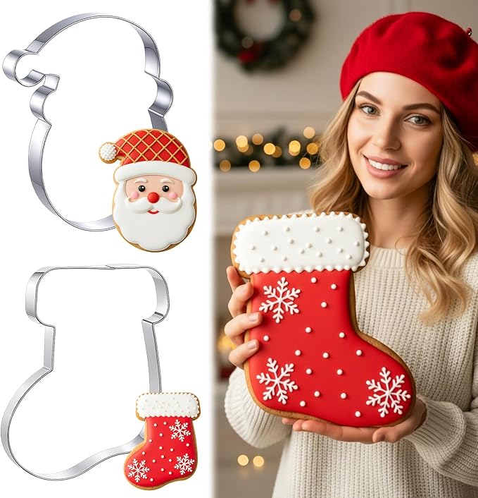 2 Pcs Extra Large Christmas Cookie Cutters 8" Giant Stocking and Santa Claus Stainless Steel Cookie Cutters for Winter Holiday Baking