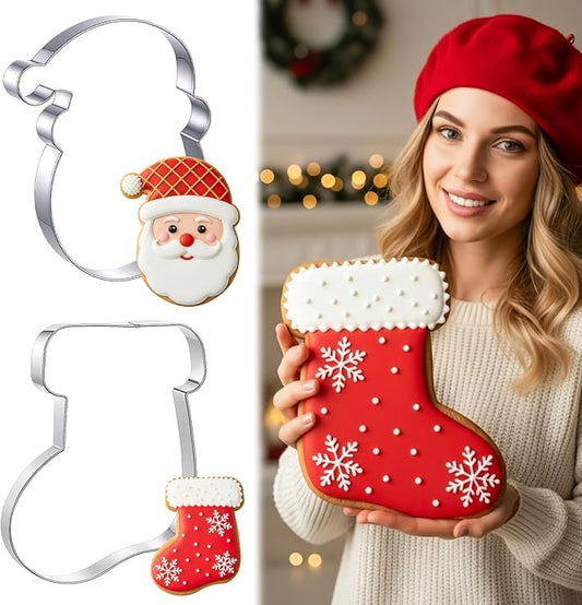 2 Pcs Extra Large Christmas Cookie Cutters 8" Giant Stocking and Santa Claus Stainless Steel Cookie Cutters for Winter Holiday Baking