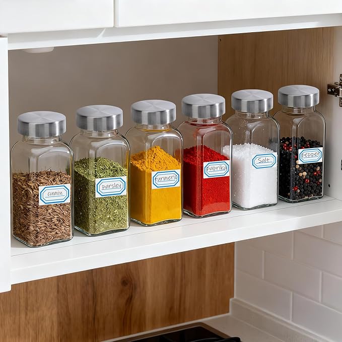 Segarty 6oz Spice Jar with with Wood Lids, 6 Pack 180ml Square Jars with Labels, Clear Empty Seasoning Containers Glass Cereal Containers Storage Set, Large Spice Bottles with 7 Stickers and 1 Brush
