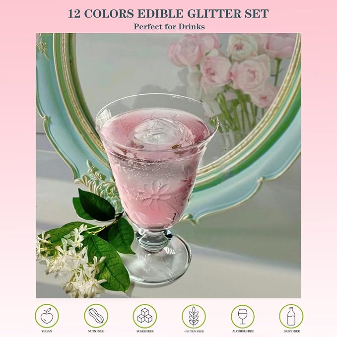 Christmas Edible Glitter 12 Colors Set, Food Grade Metallic Shimmer Dust for Food Decoration, Rainbow Drink Glitter for Cocktails Champagne Beverages, Vegan, Gluten Free, Nut Free-3g/Bottles