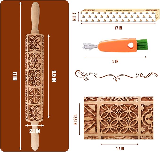 17" Premium Wooden Rolling Pins for Baking with European Embossed Designs | 3mm Deep Springerle Cookie Molds | Christmas Rolling Pin & Baking Gifts for Women | Includes 3-in-1 Cleaning Brush