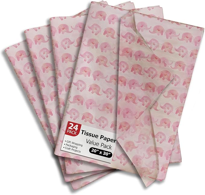 Pink Elephant Printed Tissue Paper for Gift Bags or Boxes and Wrapping - Baby Shower Bulk Decorative Art Tissue Paper for Packaging and Gifting | 24 Sheets 20" x 30"