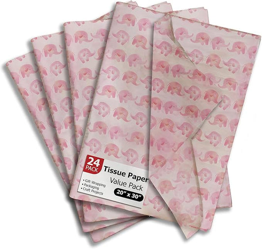 Pink Elephant Printed Tissue Paper for Gift Bags or Boxes and Wrapping - Baby Shower Bulk Decorative Art Tissue Paper for Packaging and Gifting | 24 Sheets 20" x 30"