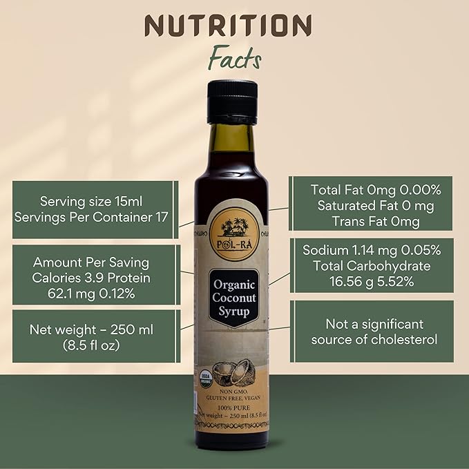 P L-RA Organic Pure Coconut Syrup for Waffles, Pancakes, Coffee & Desserts - Creamy Tropical Flavored - Natural Flavor Drink Mix - Gluten Free - Soy & Sodium Free - Kosher - 8.5 oz - Pack of 1