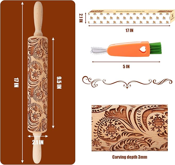 17" Premium Wooden Rolling Pins for Baking with European Embossed Designs | 3mm Deep Springerle Cookie Molds | Christmas Rolling Pin & Baking Gifts for Women | Includes 3-in-1 Cleaning Brush
