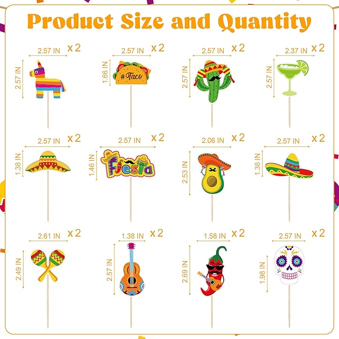 24 PCS Cinco De Mayo Decorations, 12 Style Fiesta Cake Toppers, Cocktail Guitar Chili Design Cinco De Mayo Cupcake Toppers Mexican Toothpicks, Taco Party Decorations Mexican Decor for Fiesta Party