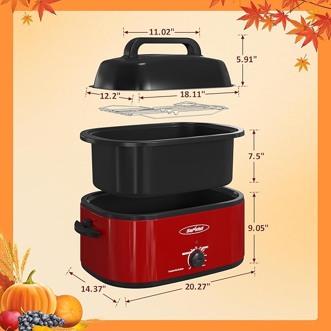 Sunvivi Roaster Oven, 24 Quart Electric Roaster Oven with Glass Lid, Turkey Roaster Buffet with Self-Basting Lid, Removable Pan, Cool-Touch Handles, Red
