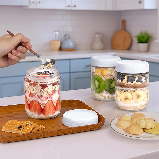 6-Pack Glass Storage Containers with Lids, Overnight Oats Containers with Lids, Wide Mouth Mason Jars 16oz, Glass Jar with Airtight Lid for Yogurt, Chia, Spice, Snack, Oats, Food Storage