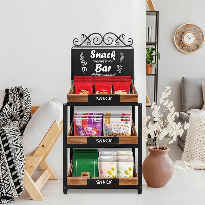 MyGift Fruit Stand and Produce Stand with Burnt Wood Trays, Bakery Display Rack, Bread Display Shelf, 3-Tier Vintage Metal Design with Chalkboard Signs