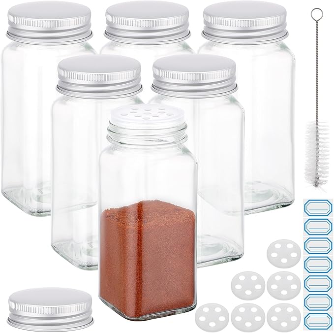Segarty 4oz Spices Jars with Silver Aluminum Lid, 6 Pack Square Spice Containers, Empty Glass Seasoning Organizers for Condiments Storage, 120ml Small Salt and Pepper Shakers with 7 Stickers, 1 Brush