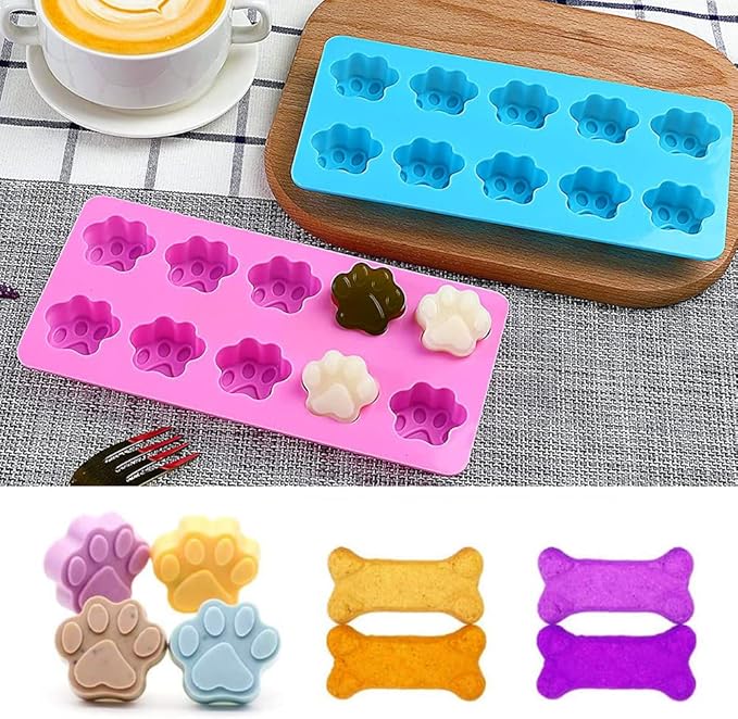 Set of 7-4 Packs Reusable Silicone Molds Puppy Dog Paw & Bone Shaped and 3 Packs Stainless Steel Bone Cookie Cutter for Homemade Dog Treats and Cat Animal Paw Candy Chocolate Baking Mold