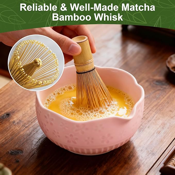 Matcha Set, 9 Pcs Ceramic Matcha Set Includes Bowl, Whisk and Holder, Bamboo Scoop, Scoop Rest, Sifter and Tea Towel ect- Complete Kit for Traditional Matcha, Modern Lattes (Pink)