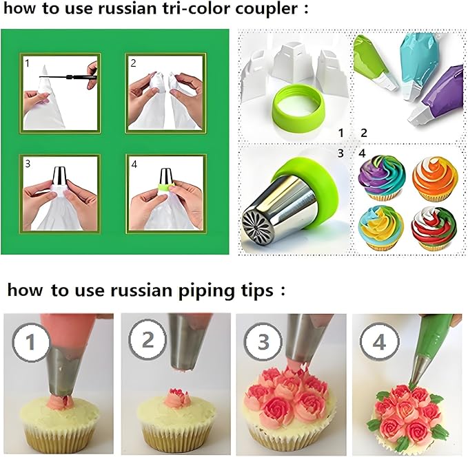 193 Pcs Russian Piping Tips Set, with 28 Numbered Russian Tips,48 Numbered Icing Tips,1 Ball Tip,2 Leaf Tips,Pattern Chart,100 Pastry Bags,4 Couplers,6 Bag Ties for Cake Decorating