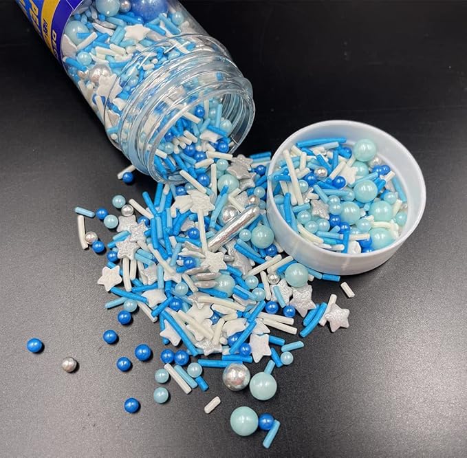 Blue Silver Sprinkles 120g/ 4.2oz- Christmas Edible for Cake and Cupcake Sprinkles with Assorted Shapes and Sizes for Parties, Metallic Sprinkle Mix for Cookies, Ice Cream, Cake and Cupcake Decorating