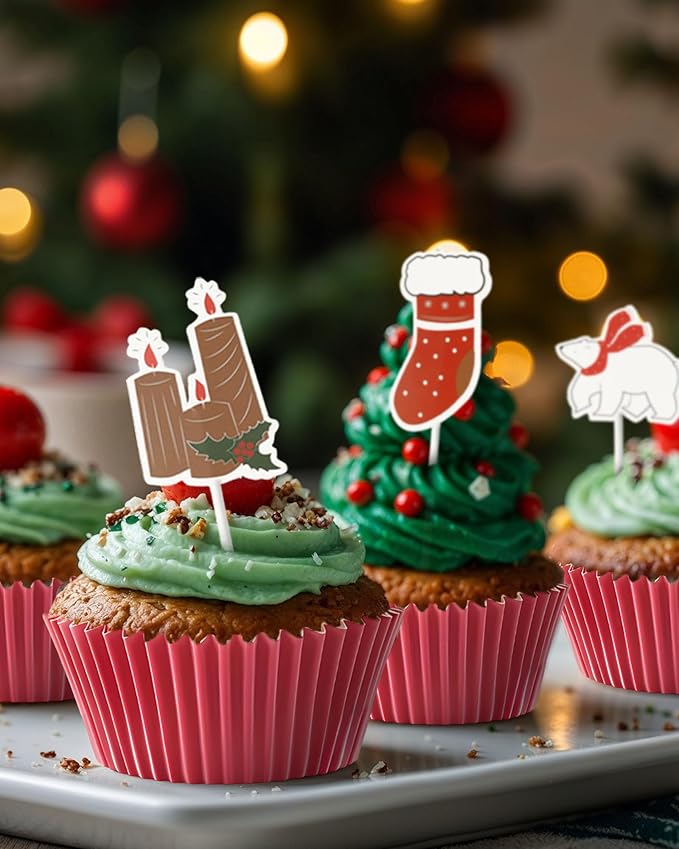 48 PCS Christmas Cupcake Toppers, Christmas Cake Decorations, Cupcake Picks, Cupcake Decorations for Xmas Party, Baby Shower, Holiday, Birthday Party